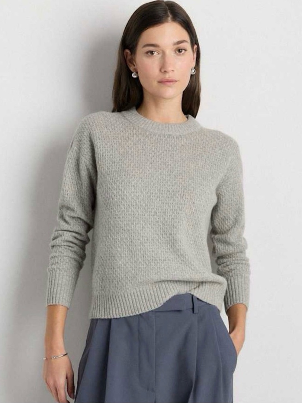 Quince Sz XS Light Grey Women’s Baby Alpaca Wool Diamond Stitch Crewneck Sweater